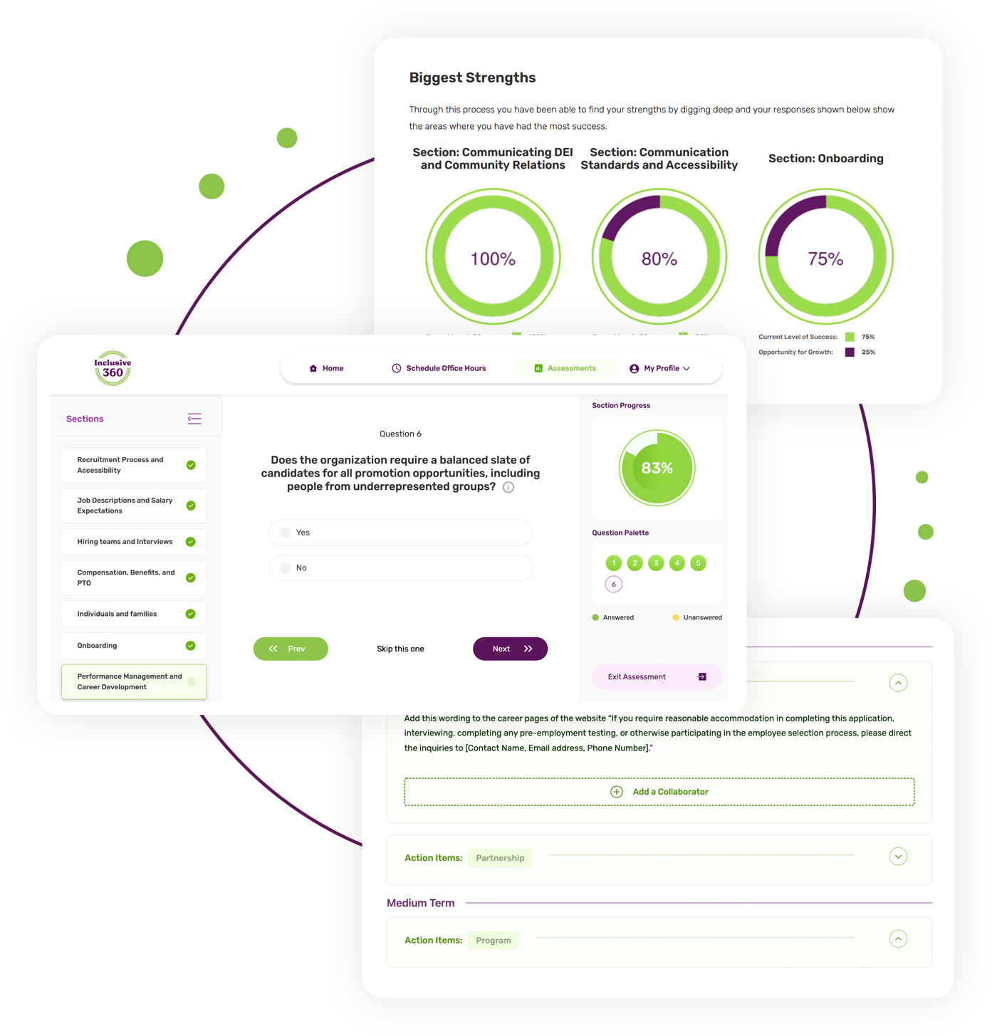 3 screenshots of the Inclusive 360 assessment